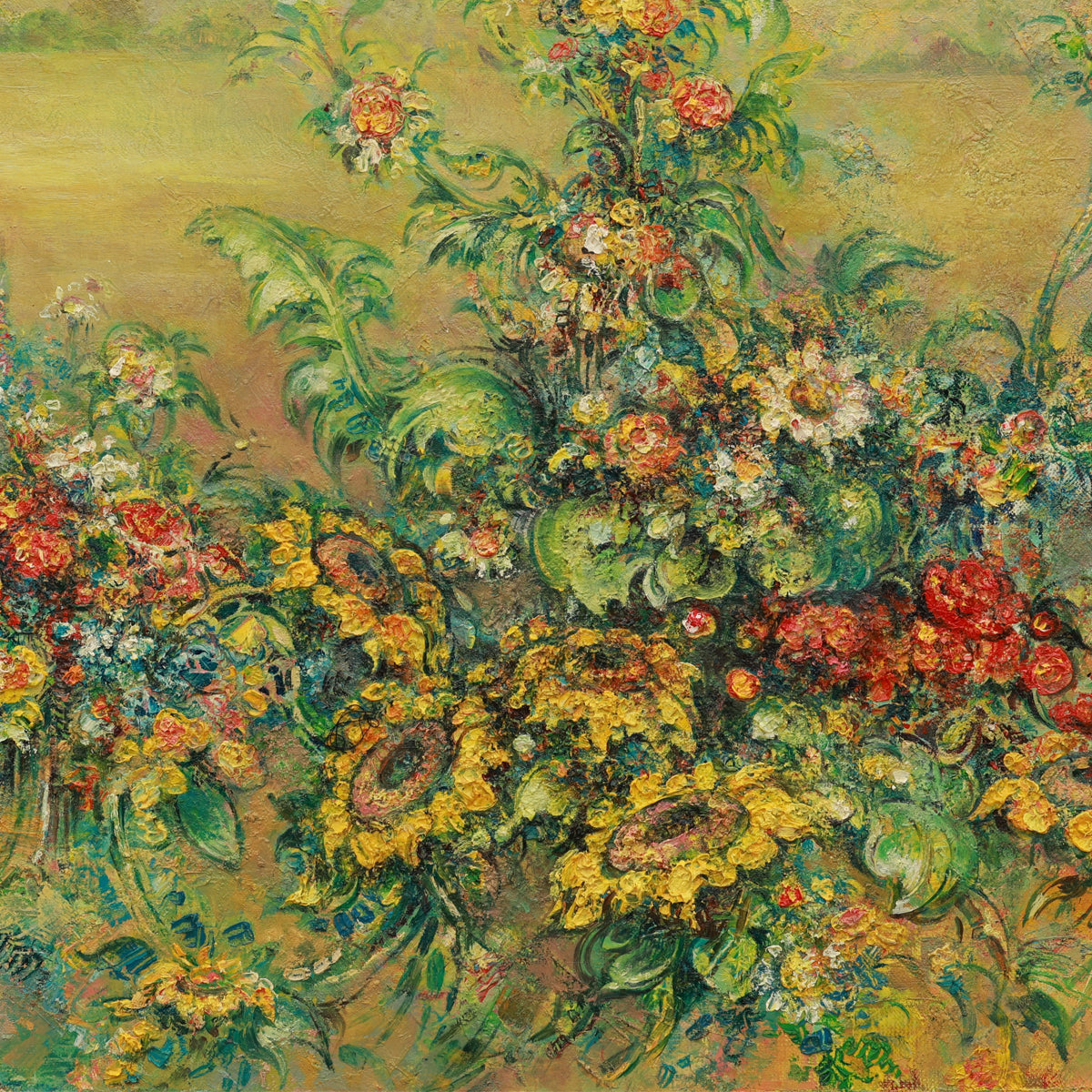 Detailed floral arrangement with sunflowers and other flowers on a textured background