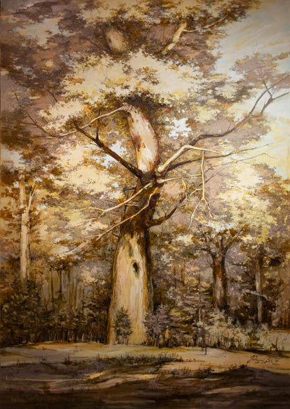 Painting of a forest scene with a large tree in the foreground