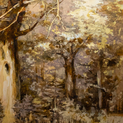 Artistic depiction of a forest scene with trees and underbrush.