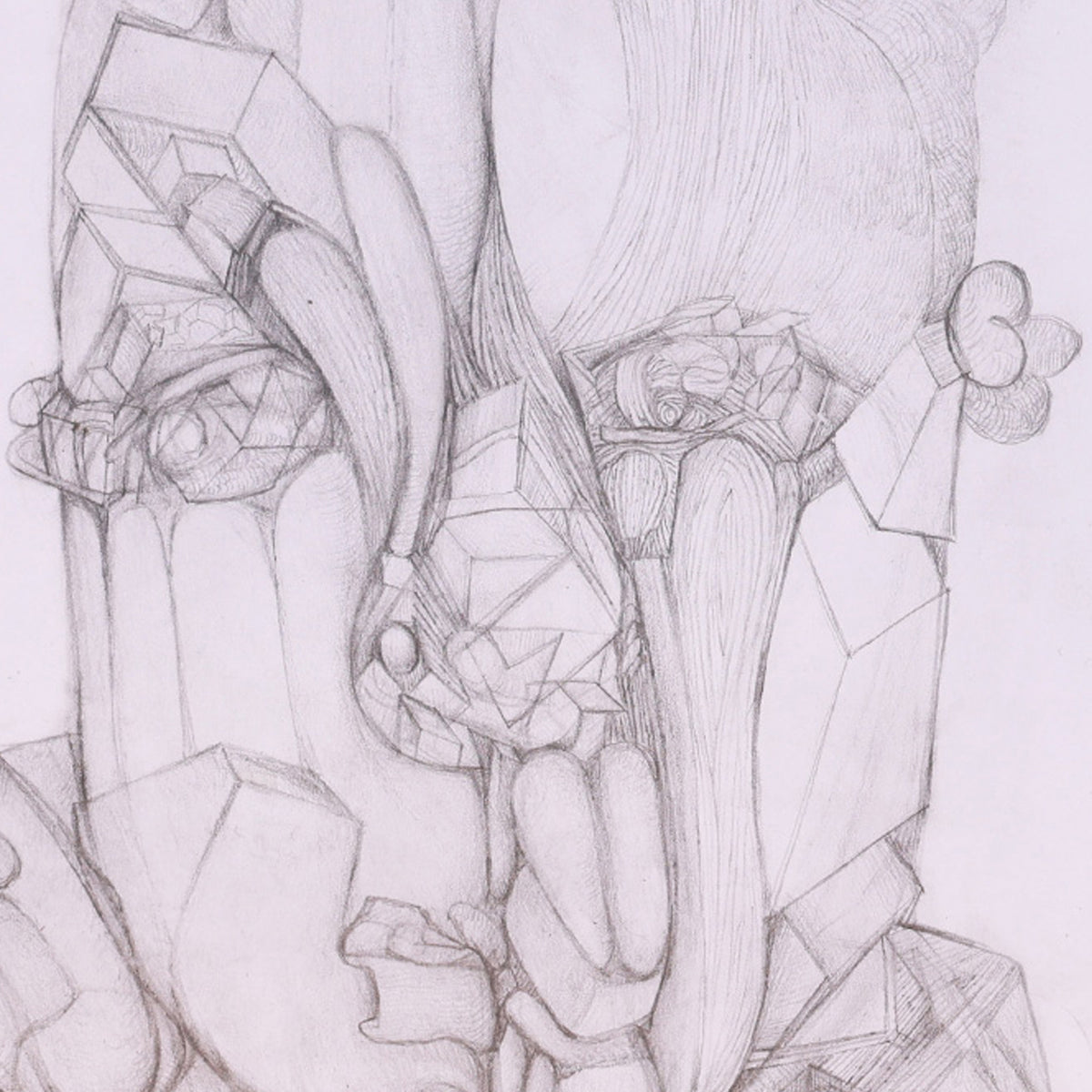 Pencil drawing of a stylized character with geometric patterns on a white background