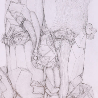 Pencil drawing of a stylized character with geometric patterns on a white background