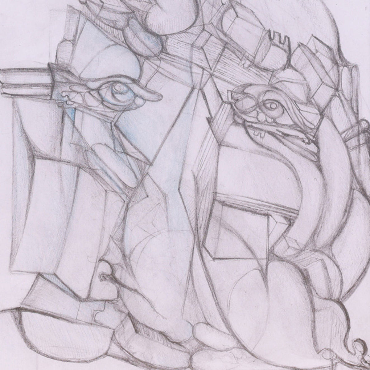 Abstract artwork with geometric shapes and lines on a light background