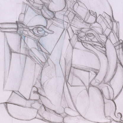 Abstract artwork with geometric shapes and lines on a light background