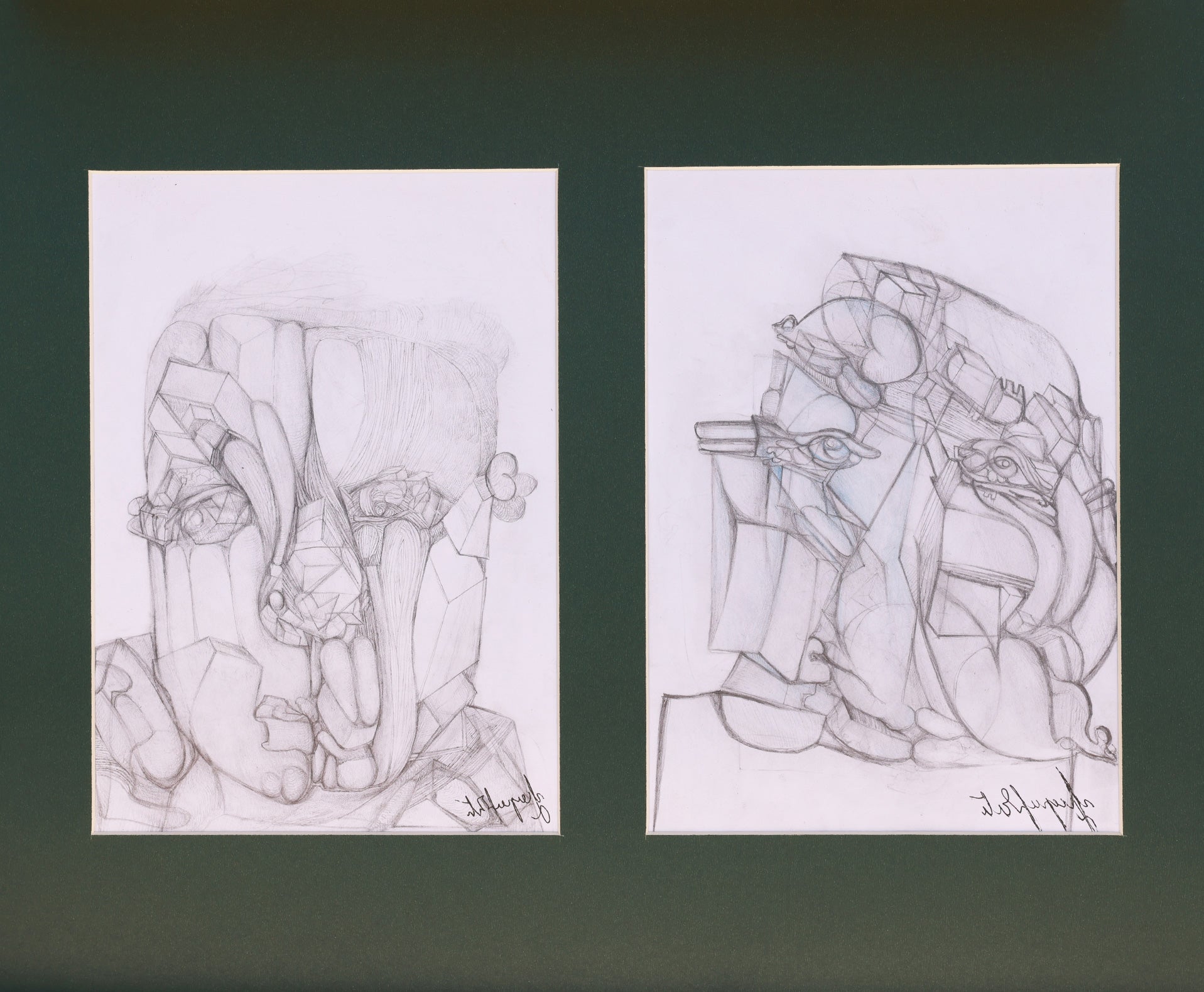 Two abstract pencil drawings on white paper with a dark green border.