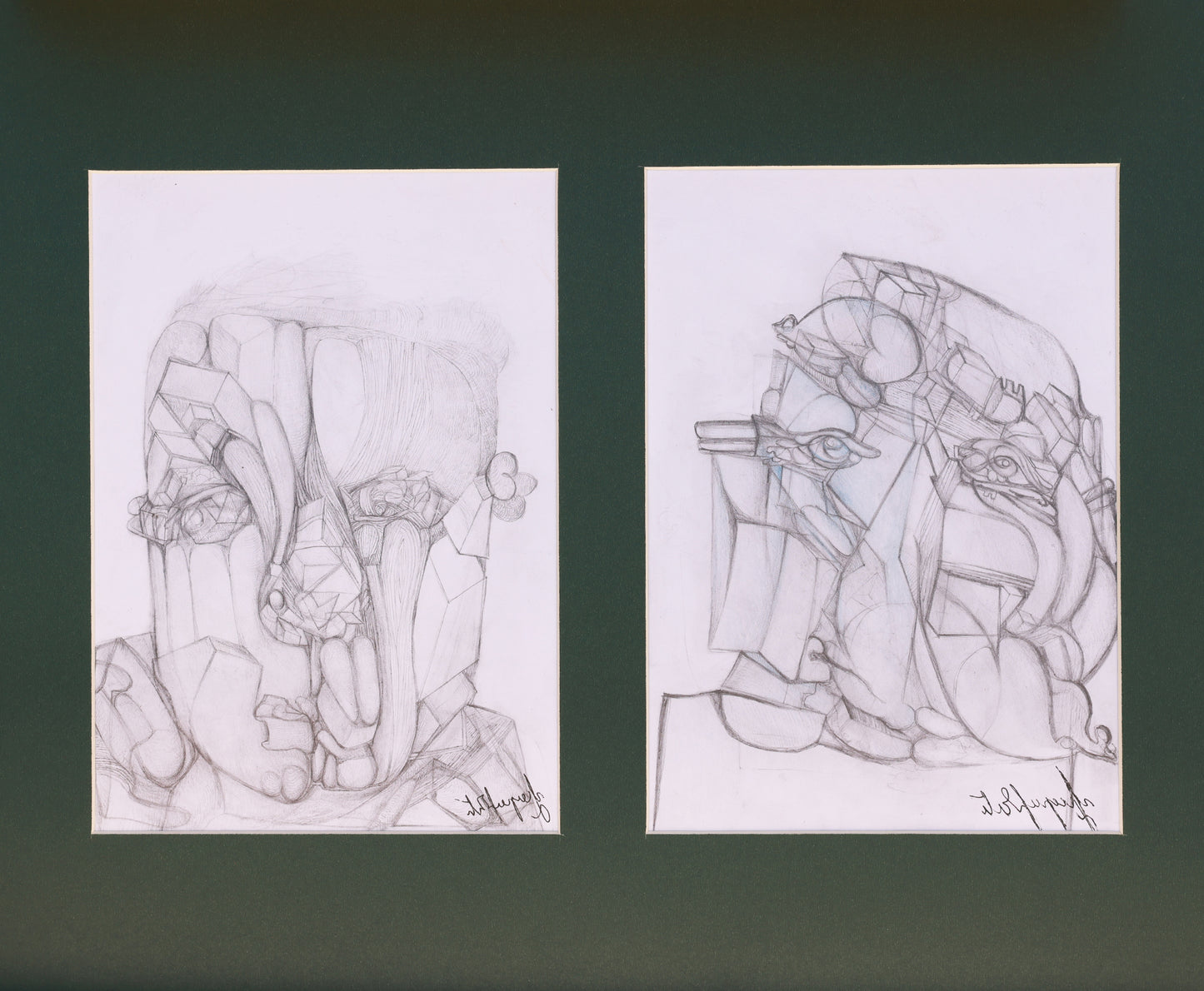 Two abstract pencil drawings on white paper with a dark green border.