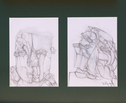 Two abstract pencil drawings on white paper with a dark green border.