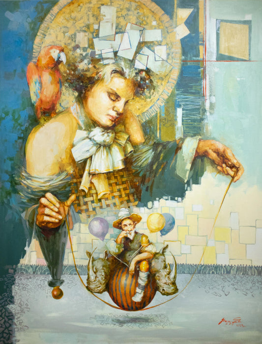 Artistic depiction of a jester with a parrot and balloons, set against a textured background.