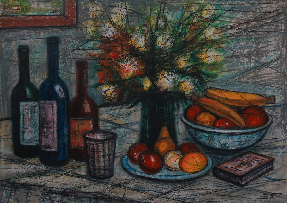 Still life painting with bottles, fruit, and flowers on a table.