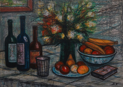 Still life painting with bottles, fruit, and flowers on a table.