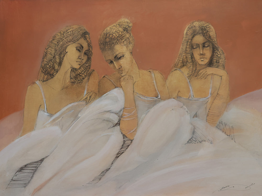 Artistic depiction of three women in white dresses against a warm-toned background
