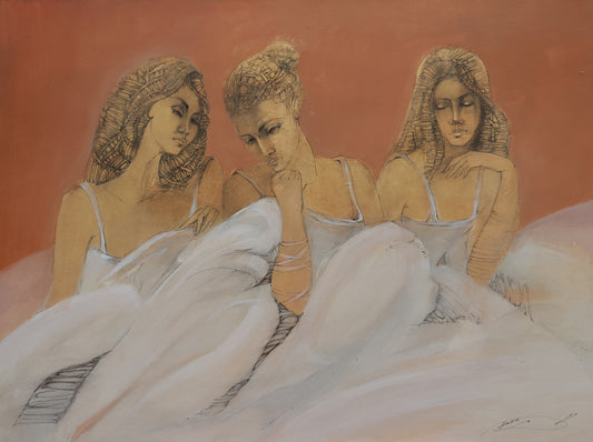 Artistic depiction of three women in white dresses against a warm-toned background