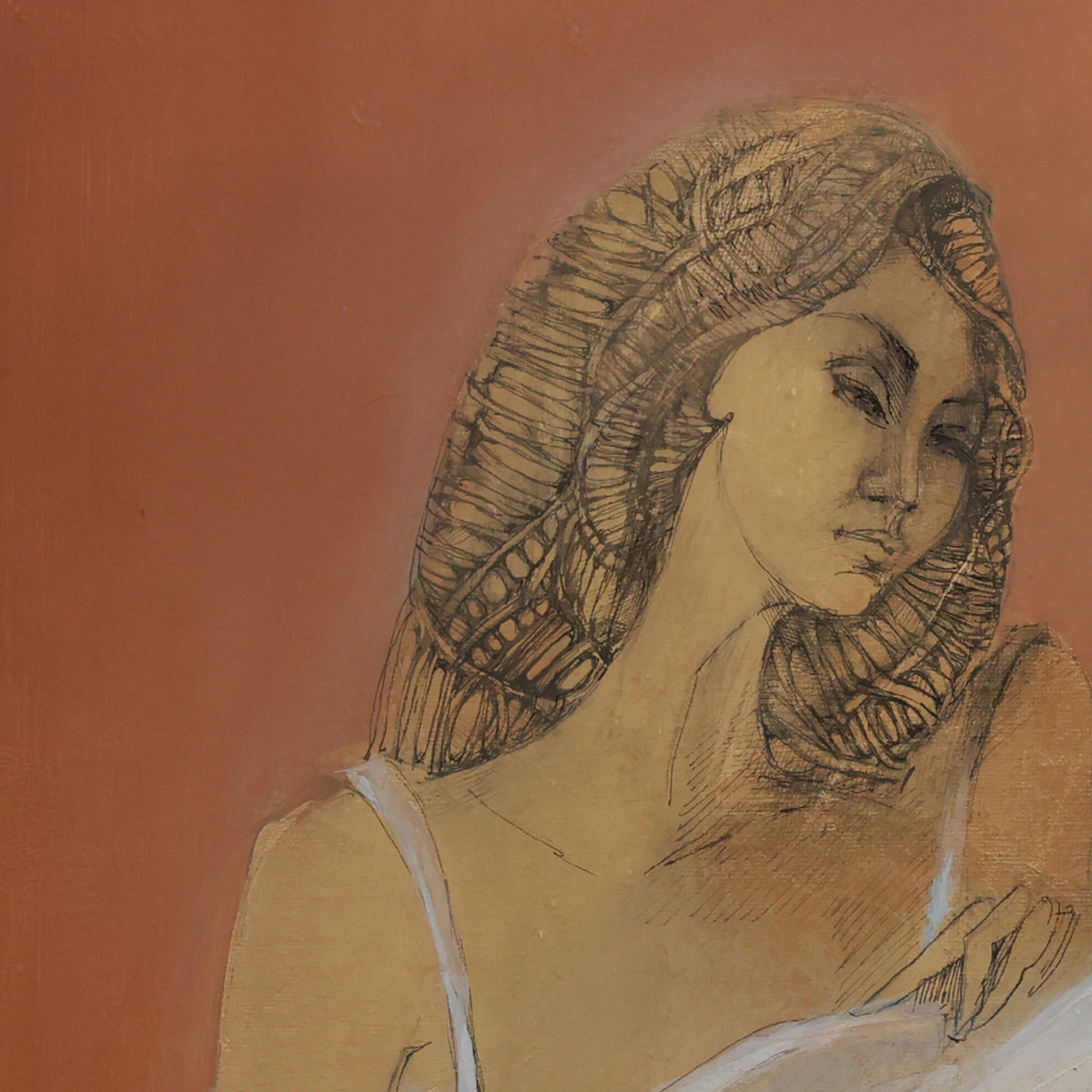 Artistic depiction of a person wearing a headdress against a brown background