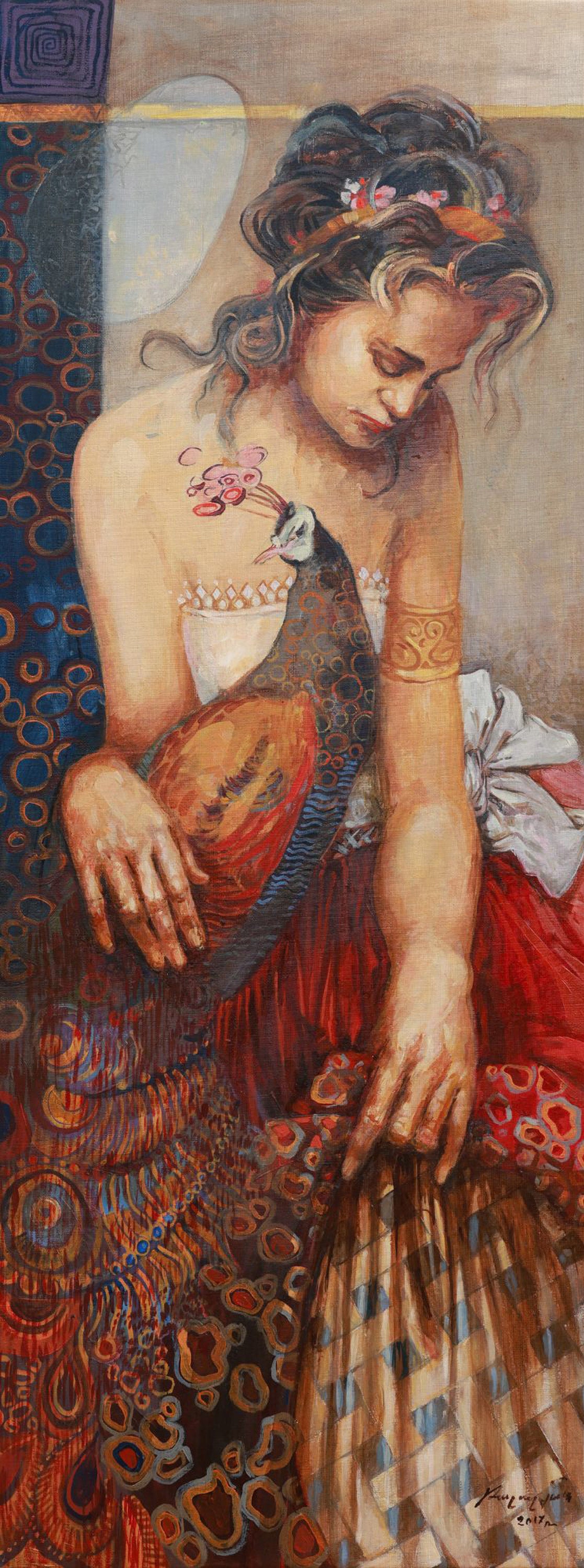 Artistic depiction of a woman with intricate tattoos and patterns on her skin.