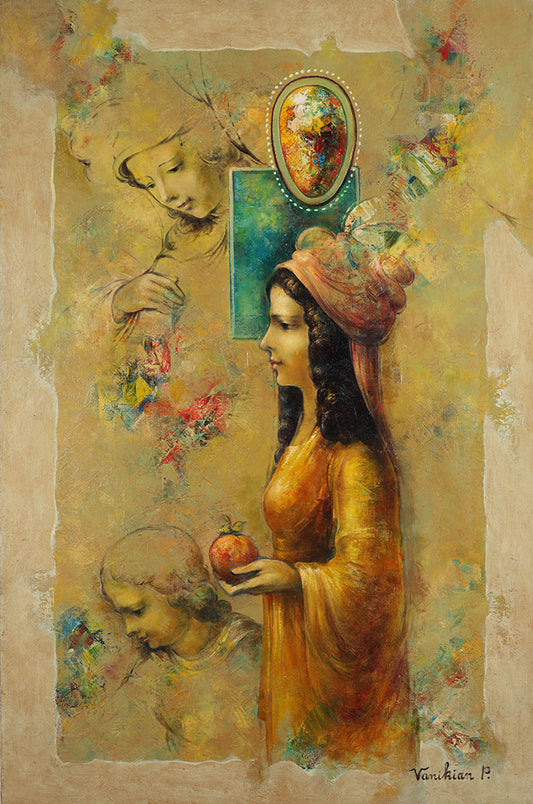 Symbolic painting by Vanikian P. featuring a Renaissance-inspired woman in a flowing golden robe holding a pomegranate, surrounded by soft, angelic figures and ethereal brushstrokes. The composition includes a mystical, jewel-toned egg-shaped emblem and a turquoise portal-like shape, blending classical portraiture with surreal, spiritual elements. Warm ochres, reds, and turquoise hues create a dreamlike atmosphere that evokes themes of femininity, wisdom, and rebirth.