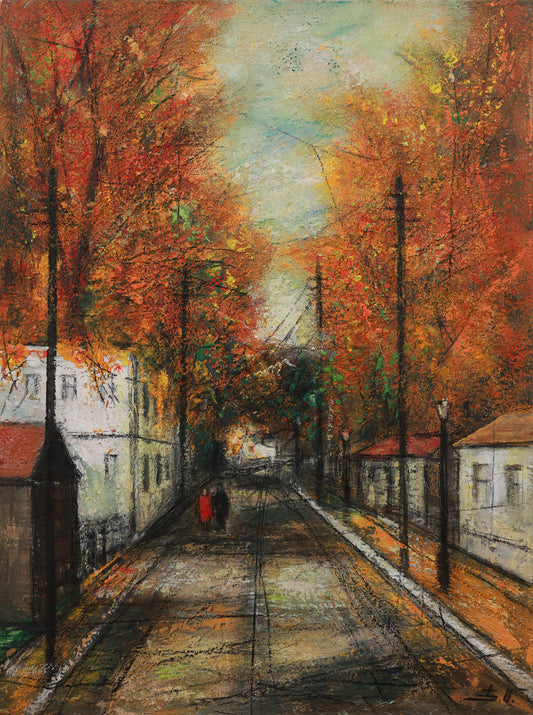 Painting of a street lined with trees in autumn colors, with two figures walking.