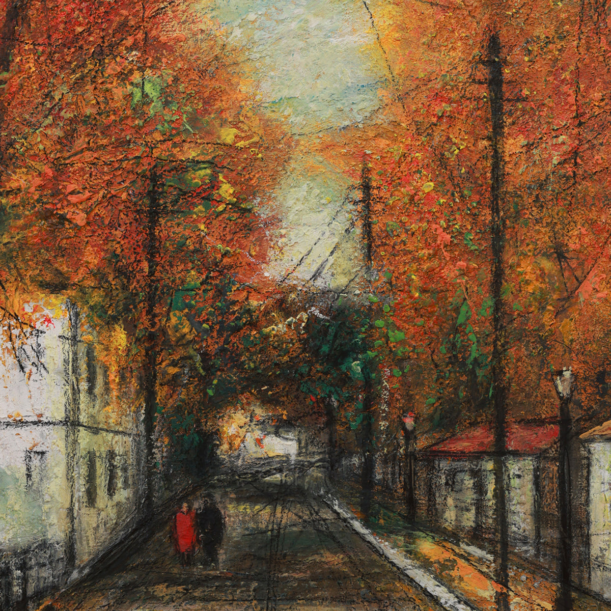 Painting of a street lined with trees in autumn colors, with a person in a red coat walking.