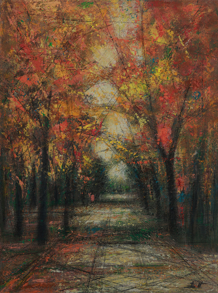 Abstract painting of a tree-lined path with autumnal colors