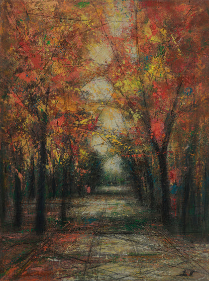 Abstract painting of a tree-lined path with autumnal colors