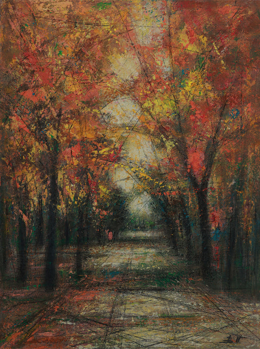 Abstract painting of a tree-lined path with autumnal colors