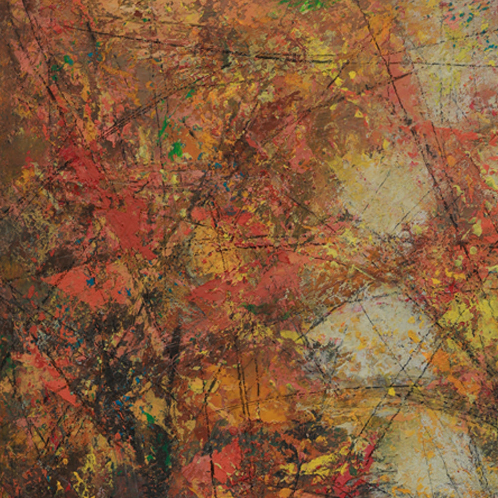 Abstract art with a mix of red, orange, yellow, and brown colors.
