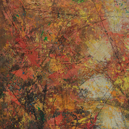Abstract art with a mix of red, orange, yellow, and brown colors.