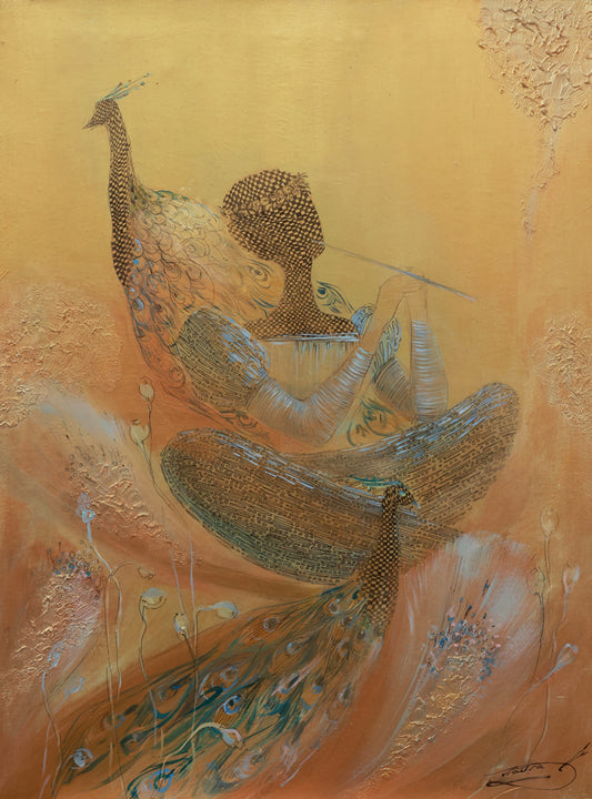 Artistic depiction of a woman with peacock feathers on an orange background