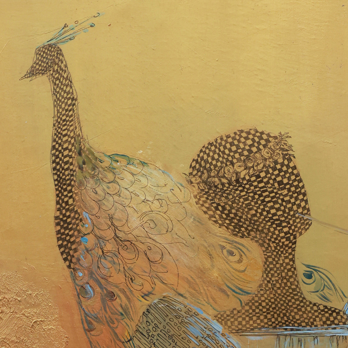 Artistic depiction of a peacock with detailed feathers on a textured yellow background