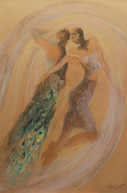 Artistic depiction of two figures with peacock feathers on a beige background