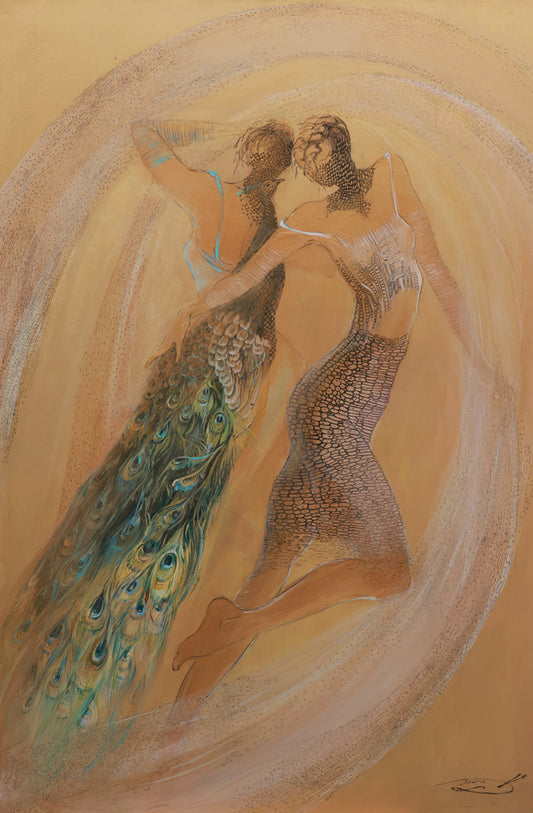 Artistic depiction of two figures with peacock feathers on a beige background