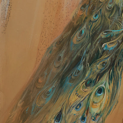 Artistic depiction of peacock feathers on a textured beige background