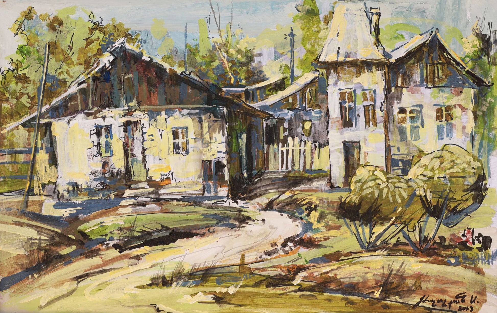 Painting of a rustic house with trees and a path