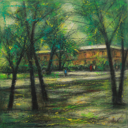 Painting of a park scene with trees and people walking