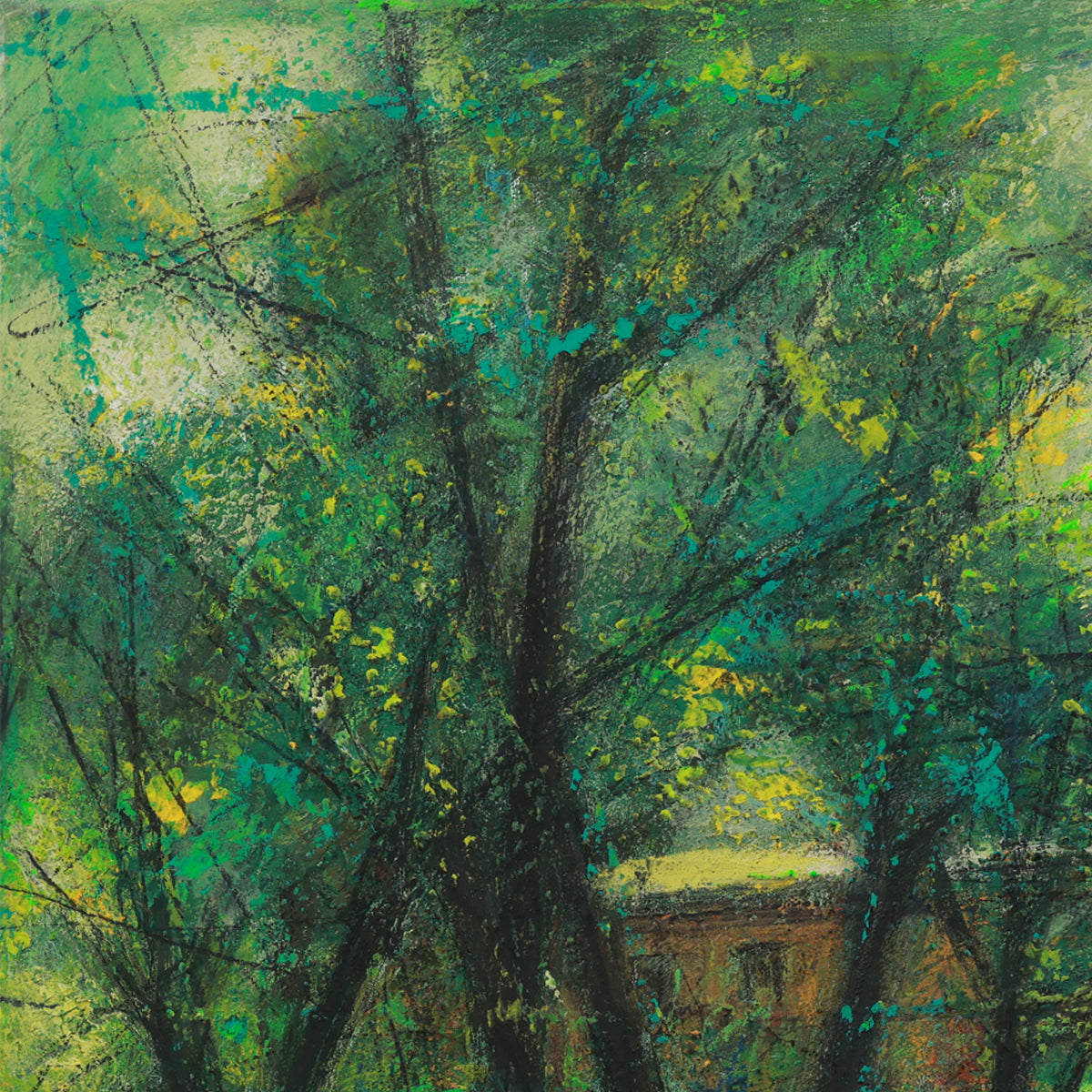 Artistic depiction of a tree with green and yellow tones