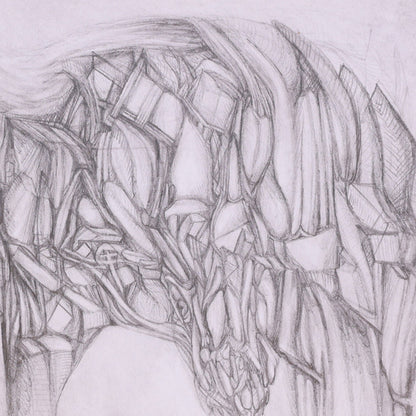 Abstract pencil drawing with geometric shapes and lines on a light gray background