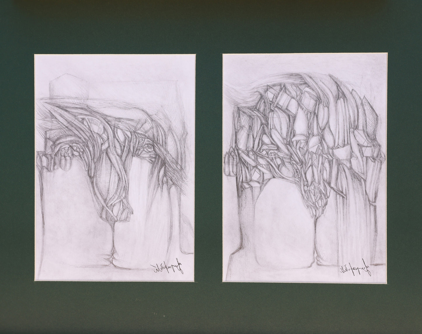 Two pencil drawings of abstract tree-like figures on a dark green background.