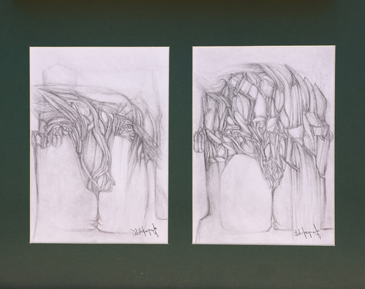Two pencil drawings of abstract tree-like figures on a dark green background.