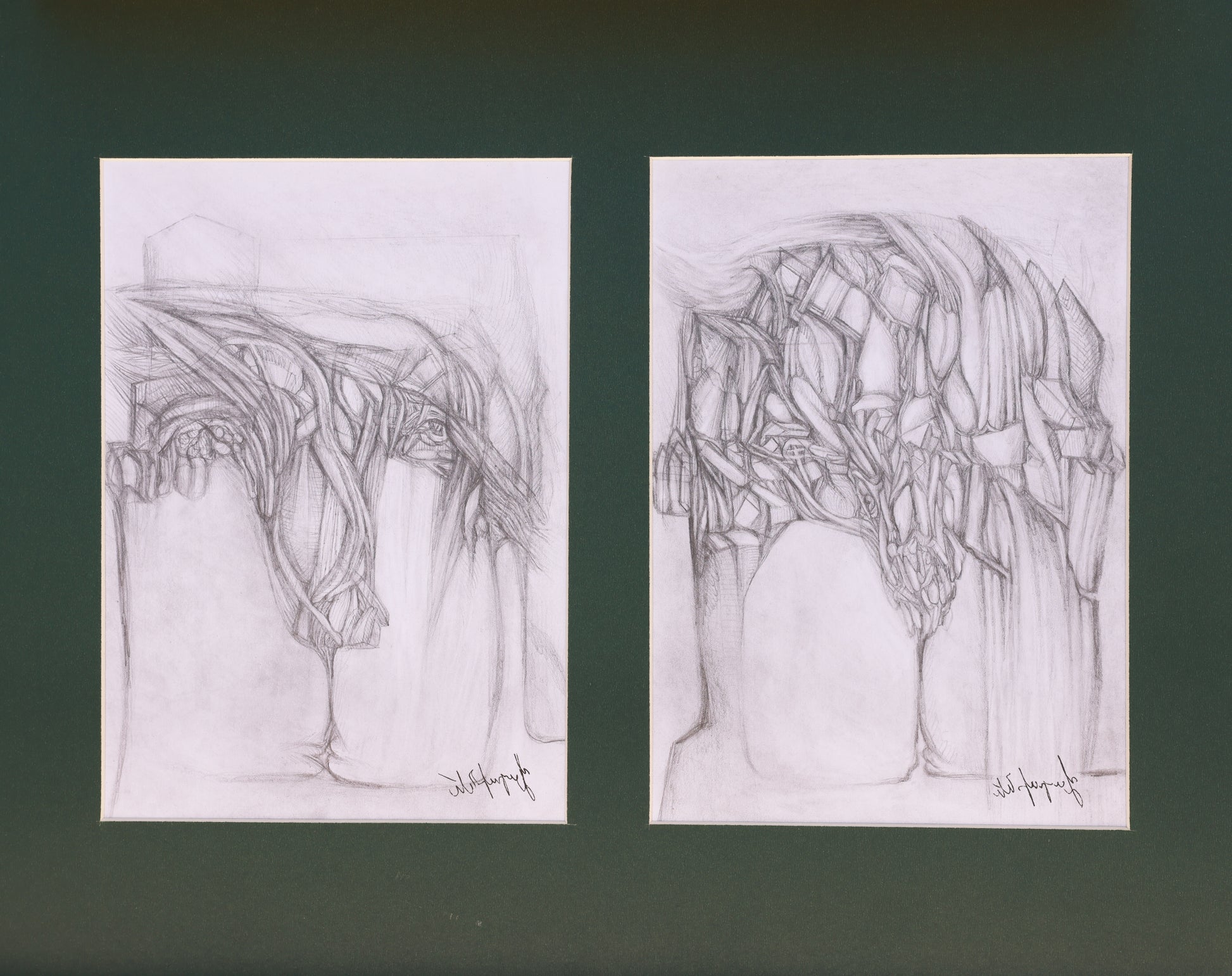 Two pencil drawings of abstract tree-like structures on a dark green background.