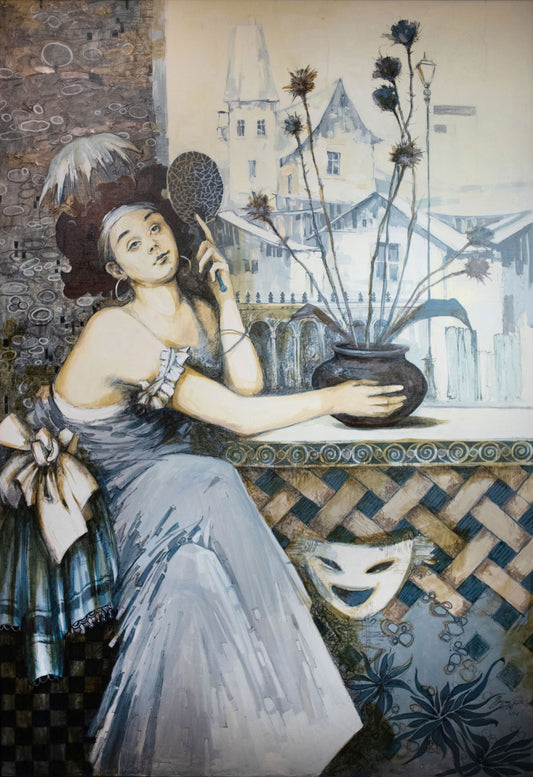 Artistic depiction of a woman in a blue dress sitting at a table with decorative elements and a building in the background.