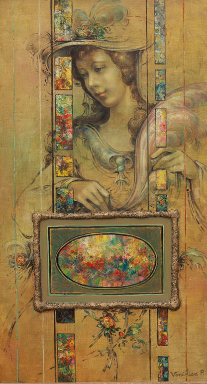 Artistic depiction of a woman with floral elements and decorative frames on a textured background