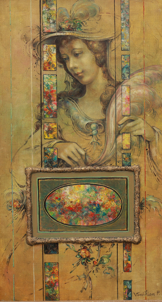 Artistic depiction of a woman with floral elements and decorative frames on a textured background