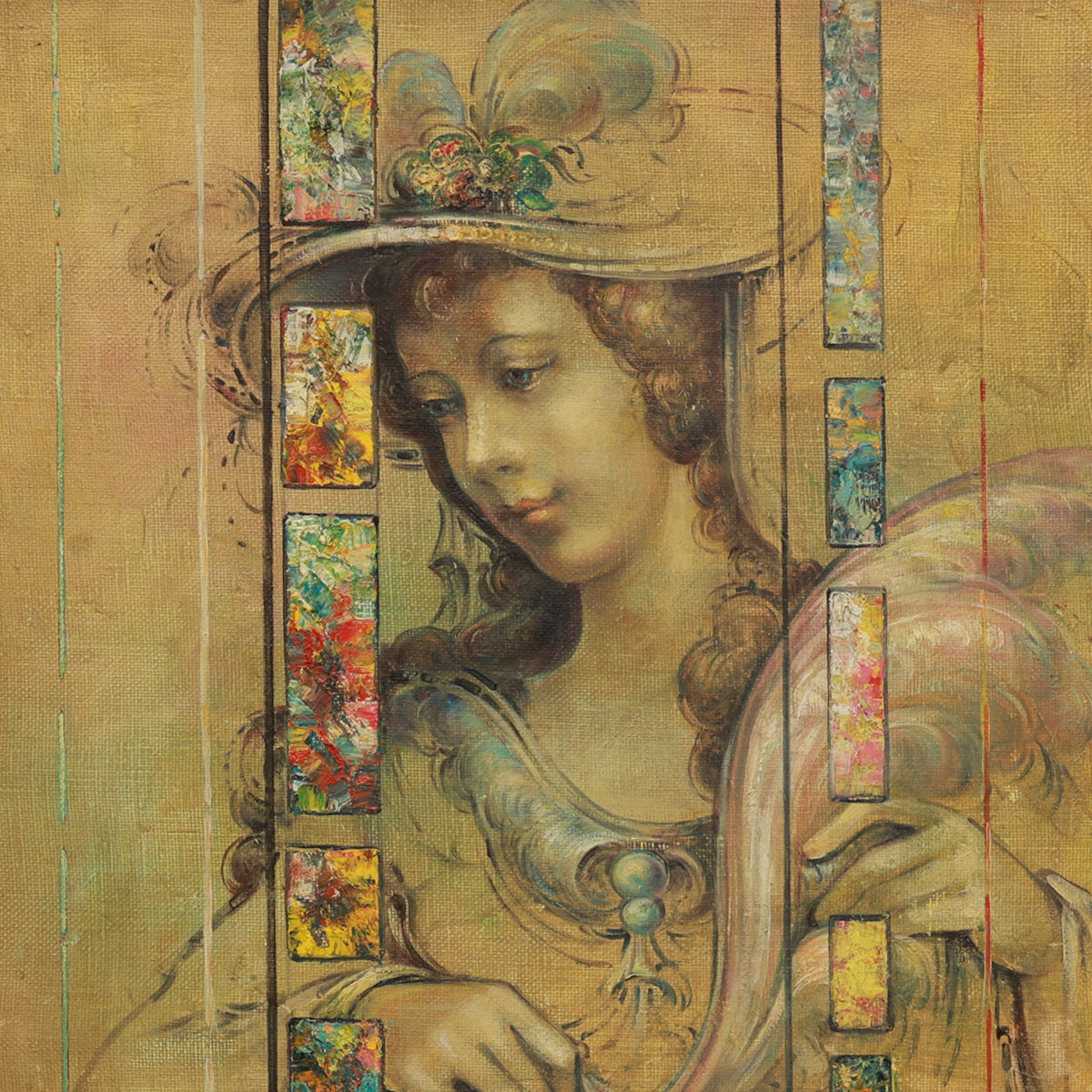 Artistic depiction of a woman's face with decorative elements on a textured background