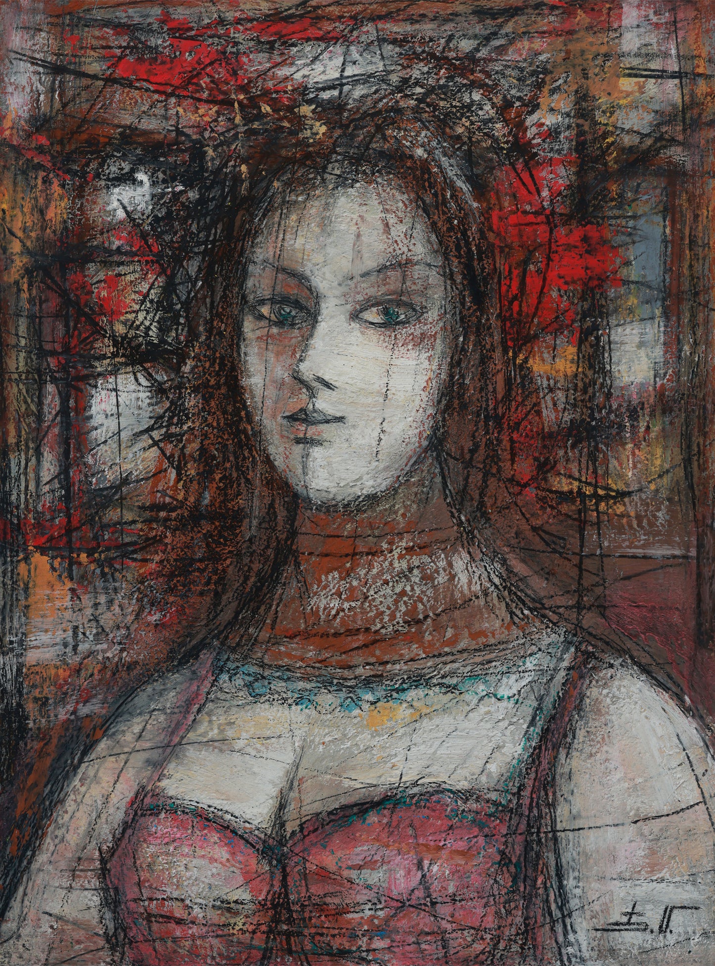 Abstract artwork of a woman with a red dress and white face