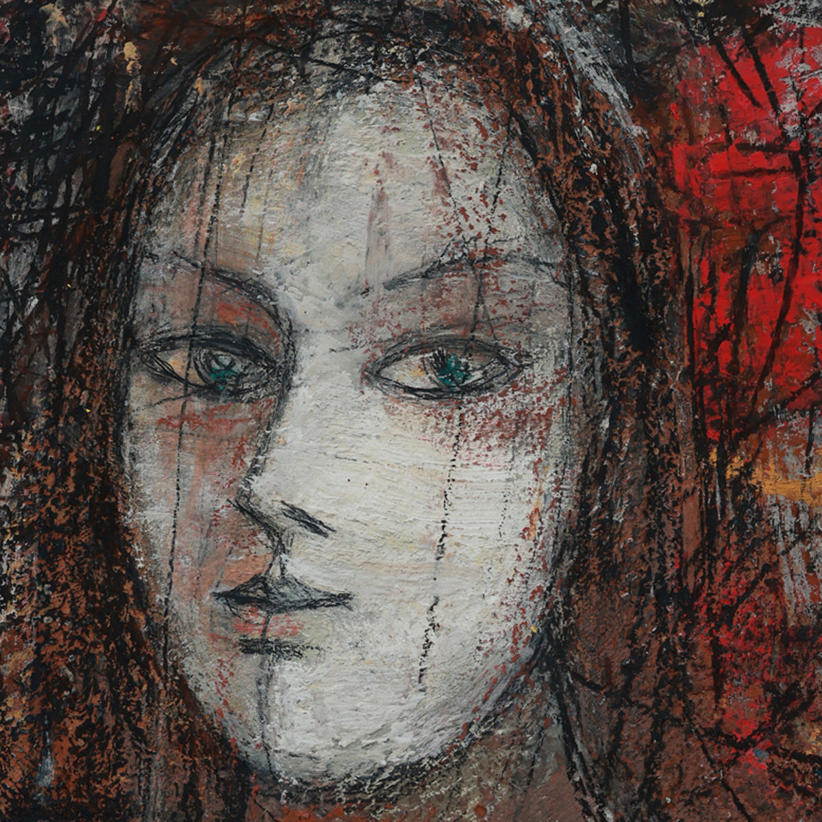 Artistic depiction of a face with textured brown and red background