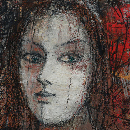 Artistic depiction of a face with textured brown and red background