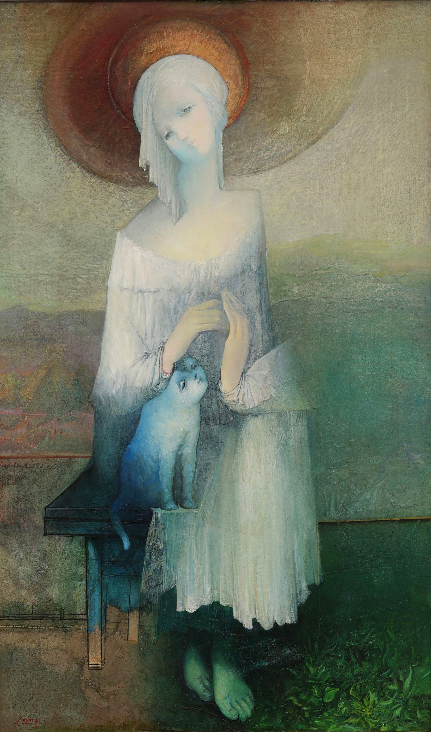 Artistic depiction of a figure holding a blue cat in a serene landscape