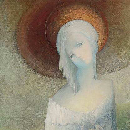 Artistic depiction of a figure with a halo against a textured background