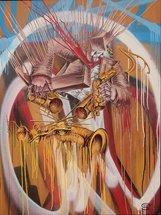 Surrealist painting of a jazz musician playing a golden saxophone, with fragmented and distorted hands, a faceless box-shaped head, and melting brass instruments. The artwork features bold strokes, dripping paint, and a fusion of abstract and mechanical elements, set against a graffiti-style background with blue, brown, and red tones. The composition evokes a sense of rhythm, improvisation, and chaos, capturing the essence of jazz music in a dreamlike, avant-garde style.