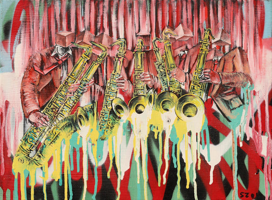 Bold jazz-inspired painting depicting a surreal brass band of saxophone players in red suits with abstract, box-shaped heads. The musicians play golden saxophones that melt into vibrant drips of yellow, teal, and white paint. Set against a dramatic red and black background with streaks of graffiti texture, the artwork fuses expressionism, street art, and surreal abstraction to capture the energy and improvisation of live jazz performance.