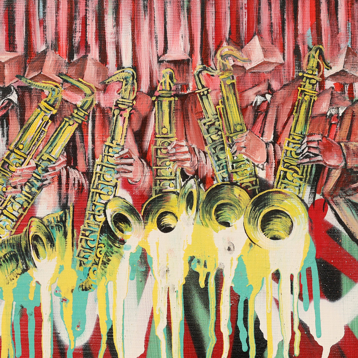 A detail shot of a bold jazz-inspired painting depicting a surreal brass band of saxophone players in red suits with abstract, box-shaped heads. The musicians play golden saxophones that melt into vibrant drips of yellow, teal, and white paint. Set against a dramatic red and black background with streaks of graffiti texture, the artwork fuses expressionism, street art, and surreal abstraction to capture the energy and improvisation of live jazz performance.