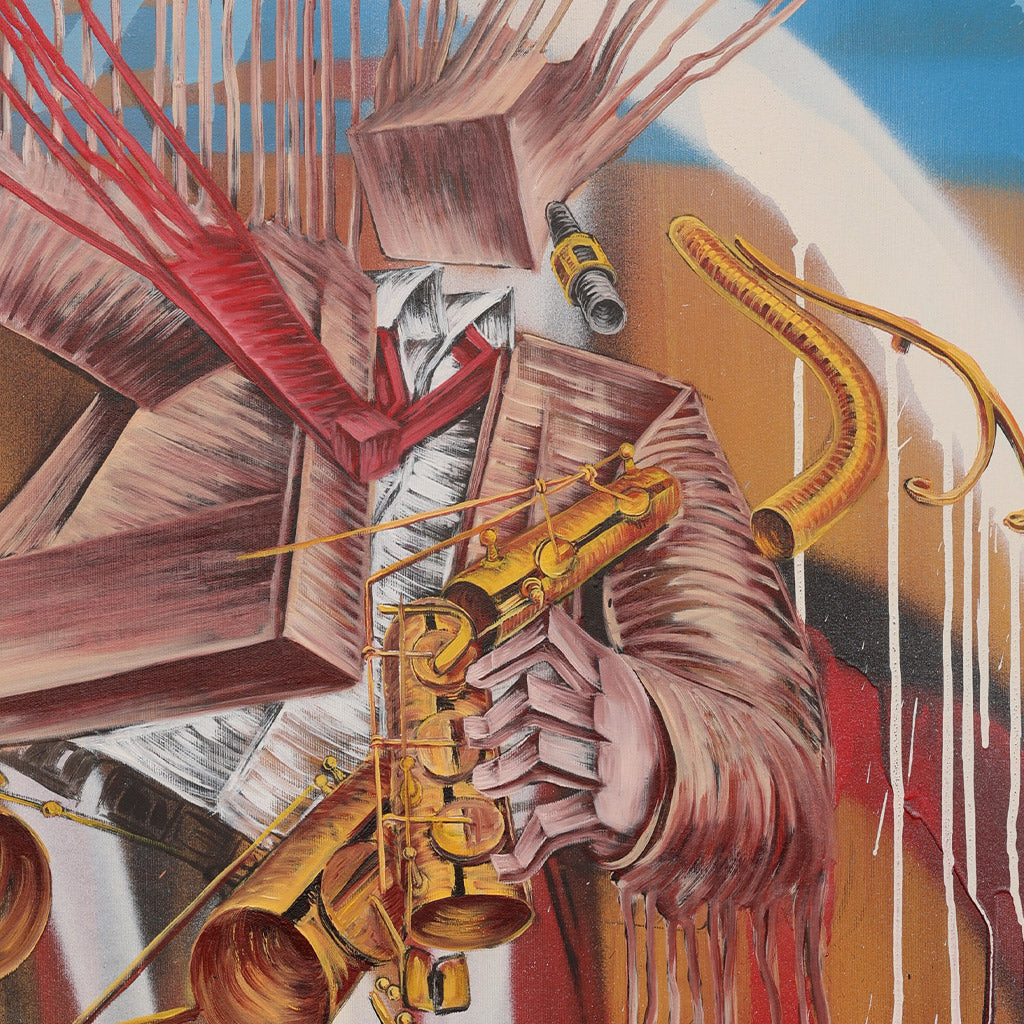 A detail image showing an abstract oil painting of a man playing a saxophone with a cube for a head. 